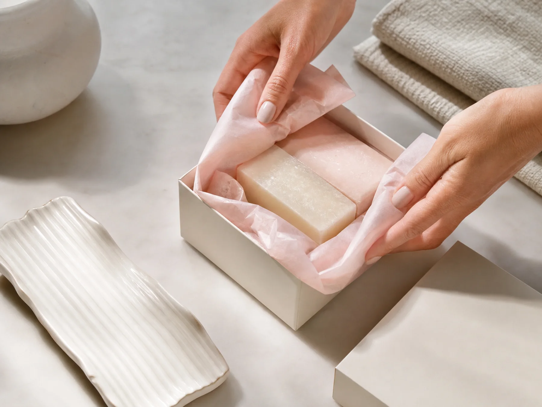 Hands folding blush paper around a set of MX Soap bars and a reusable ceramic dish