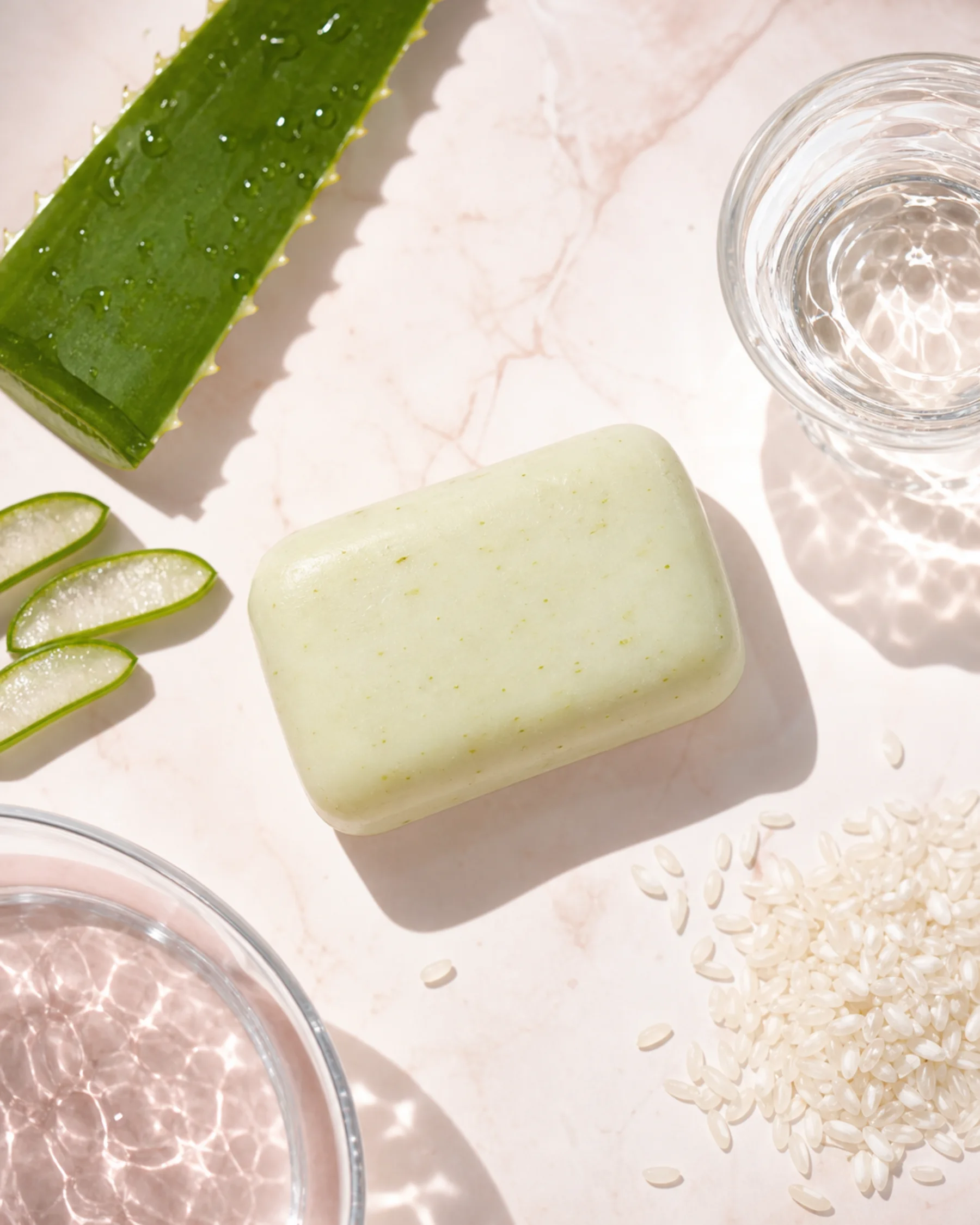 Aloe & Rice Gentle Bar styled with its key ingredients in soft daylight