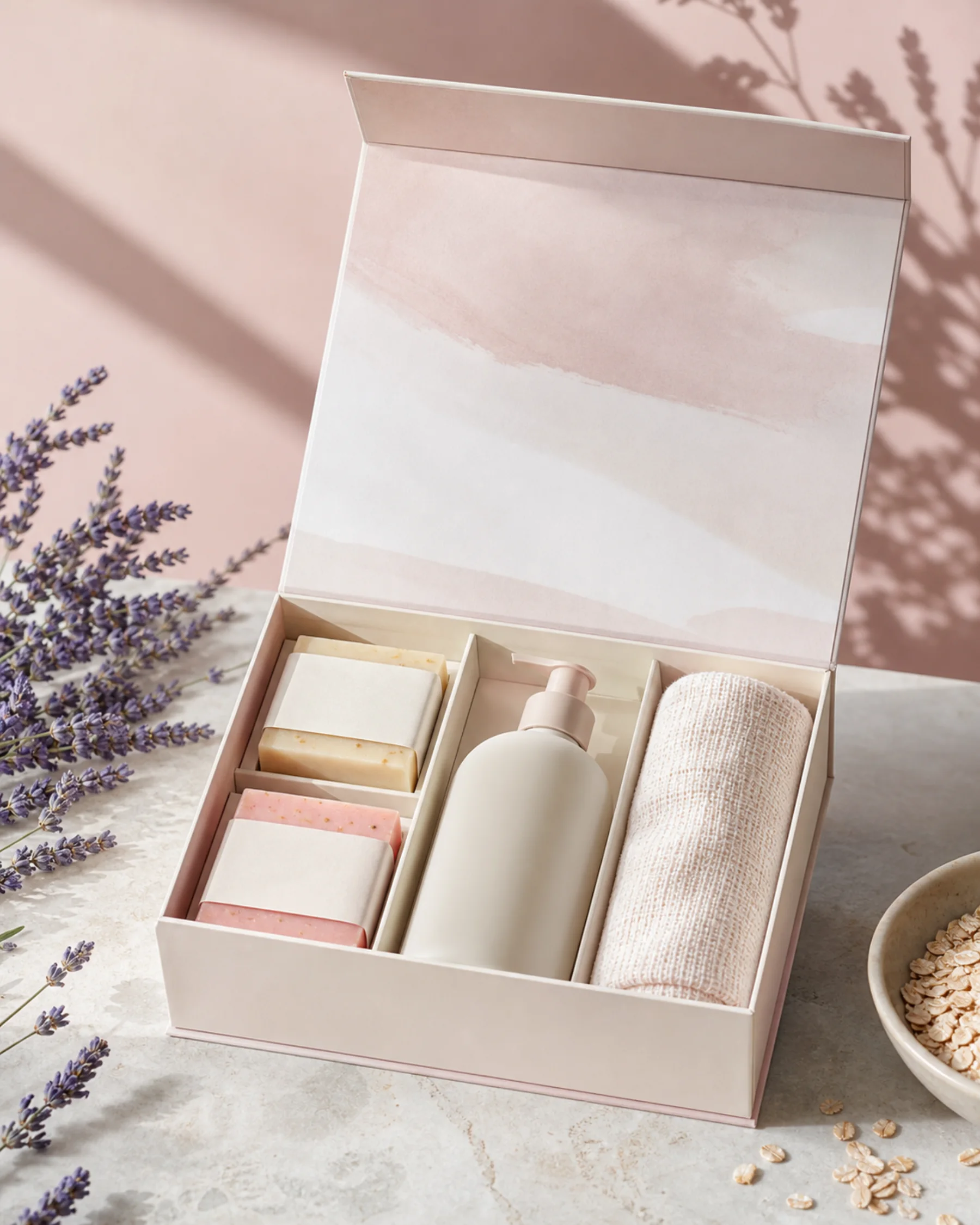 Calm & Clean Gift Box styled with its key ingredients in soft daylight