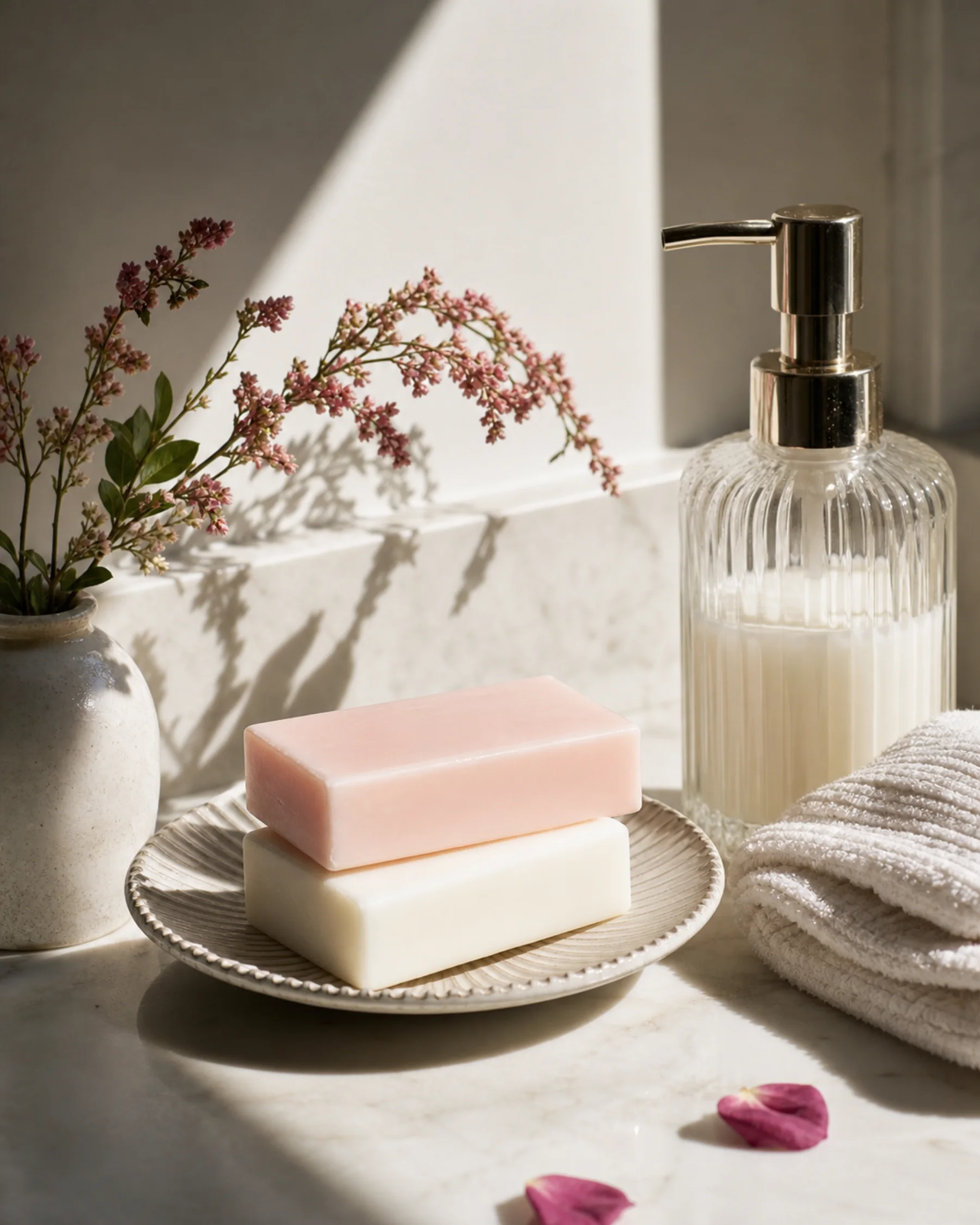 Pink and ivory soaps arranged with a clean pump bottle and folded towel in bright natural light
