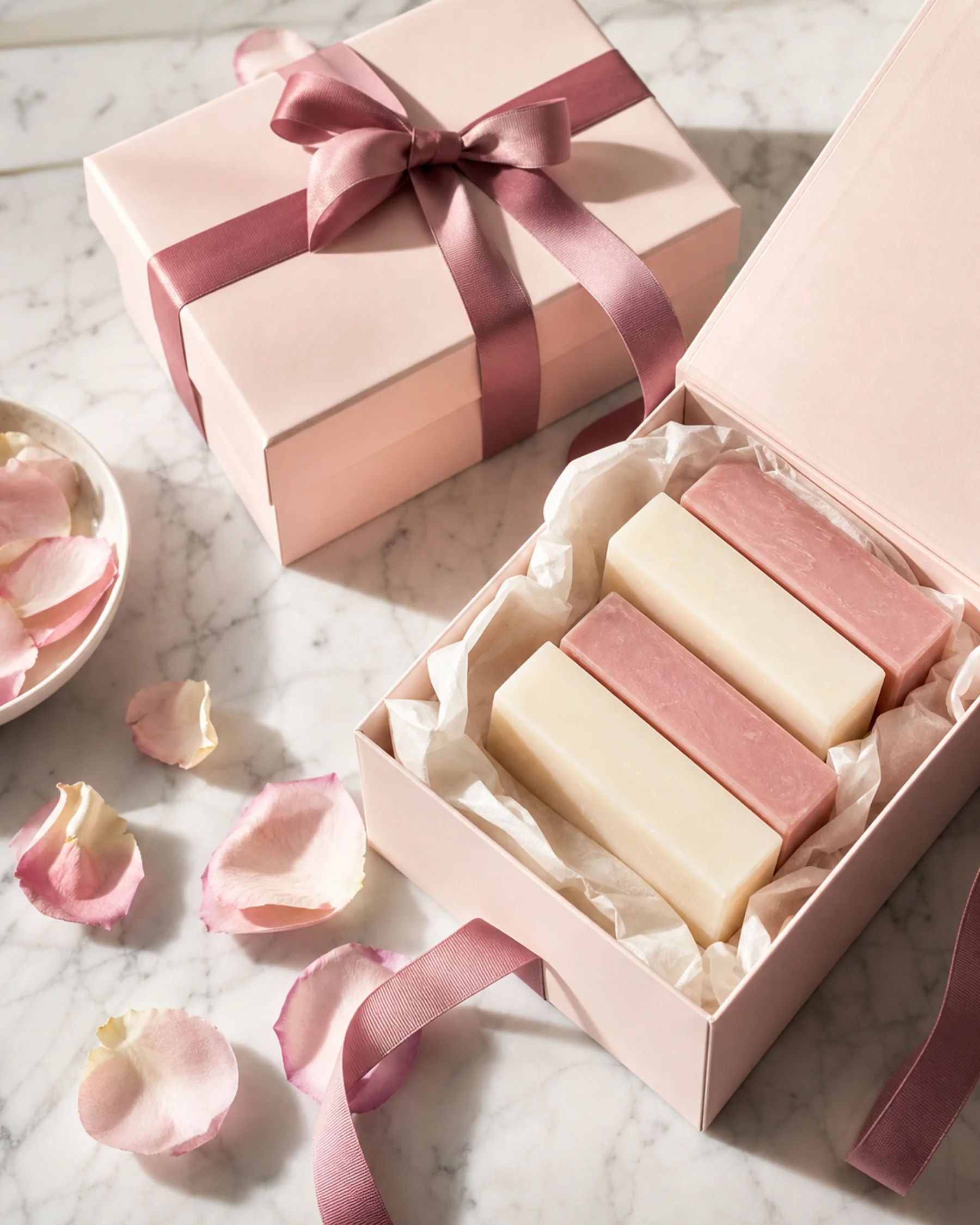 Blush soap gift boxes arranged with ribbon and rose petals