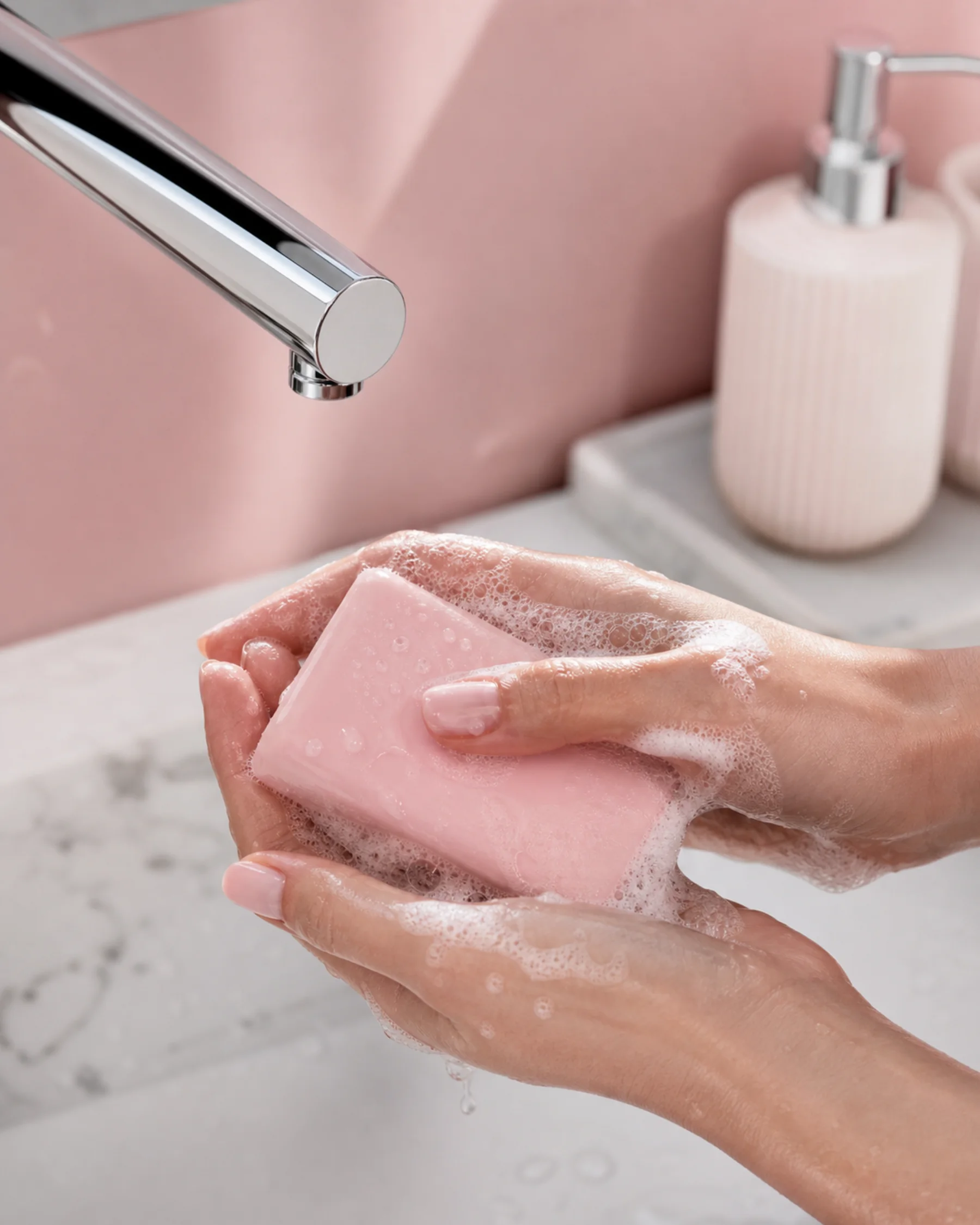 Hands creating creamy lather with a pale pink soap bar under running water