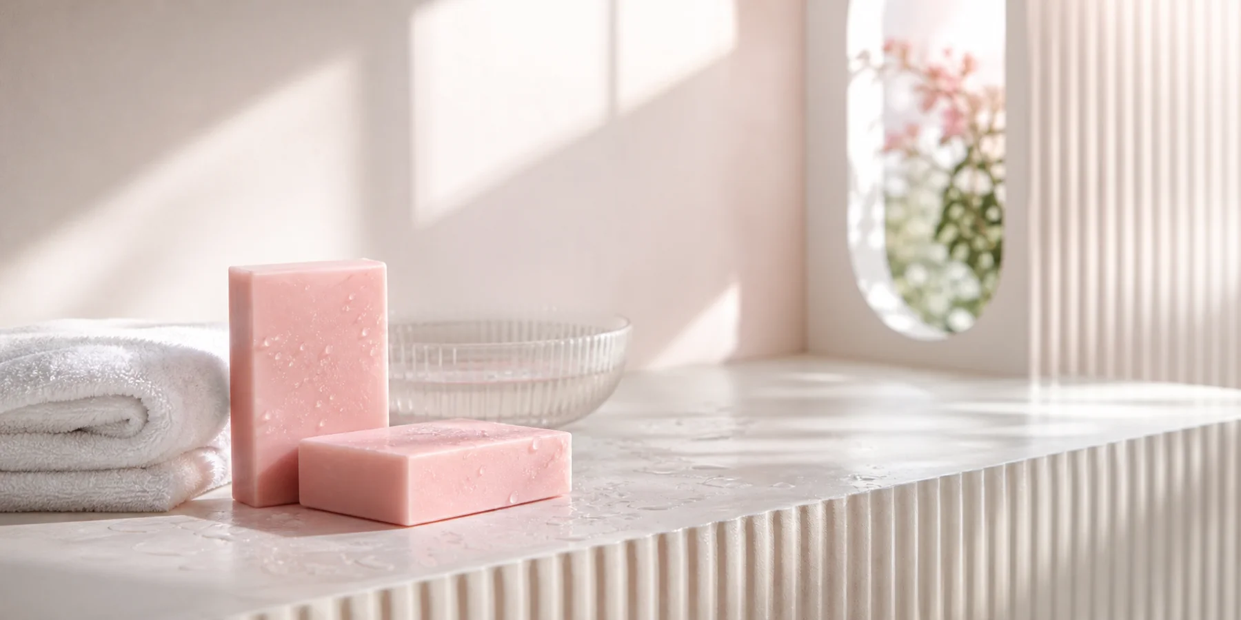 Sunlit pale pink soaps, folded towel, and a clear glass bowl on a bathroom shelf