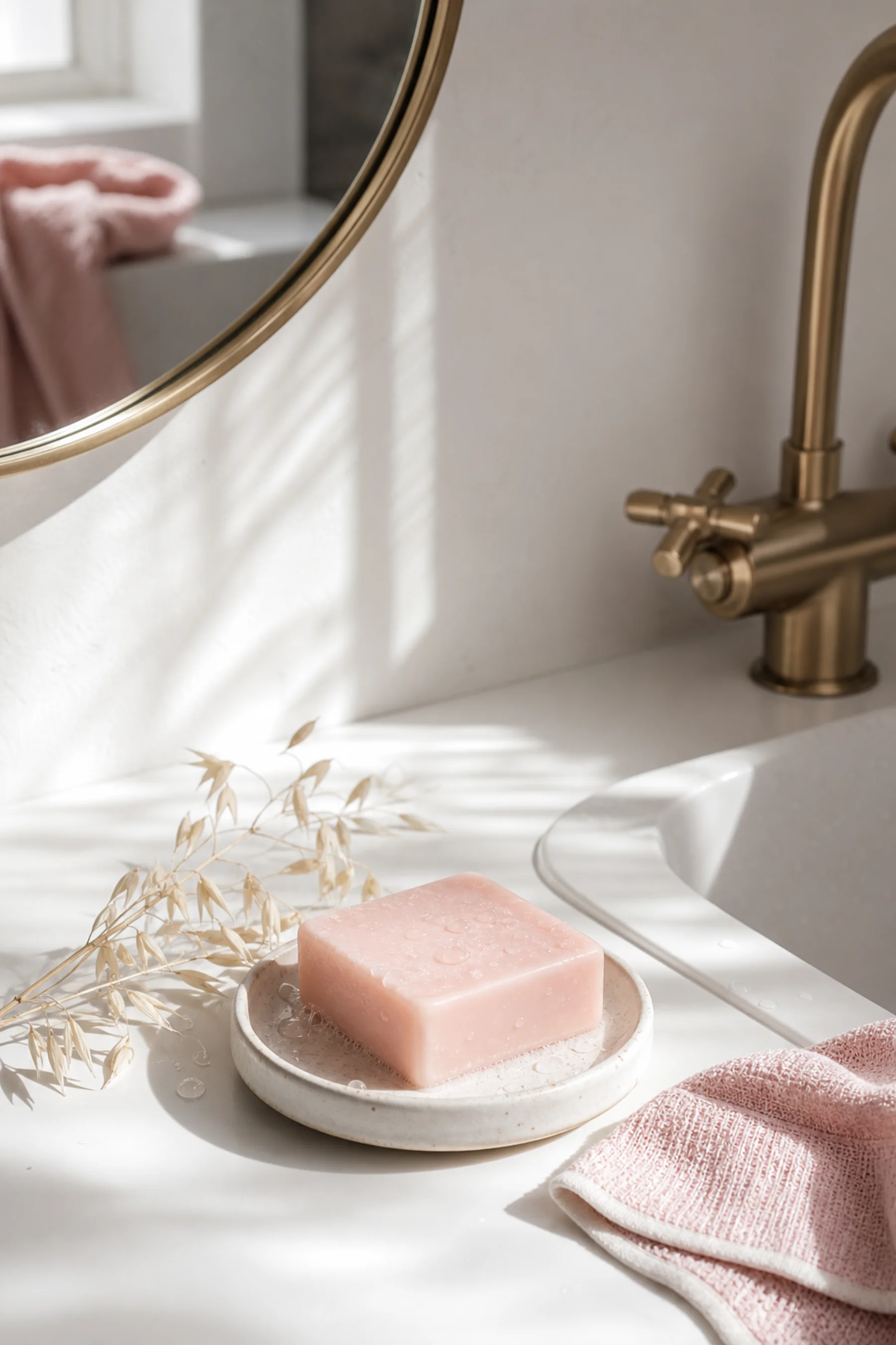 Pink soap and warm oat at a bright morning sink