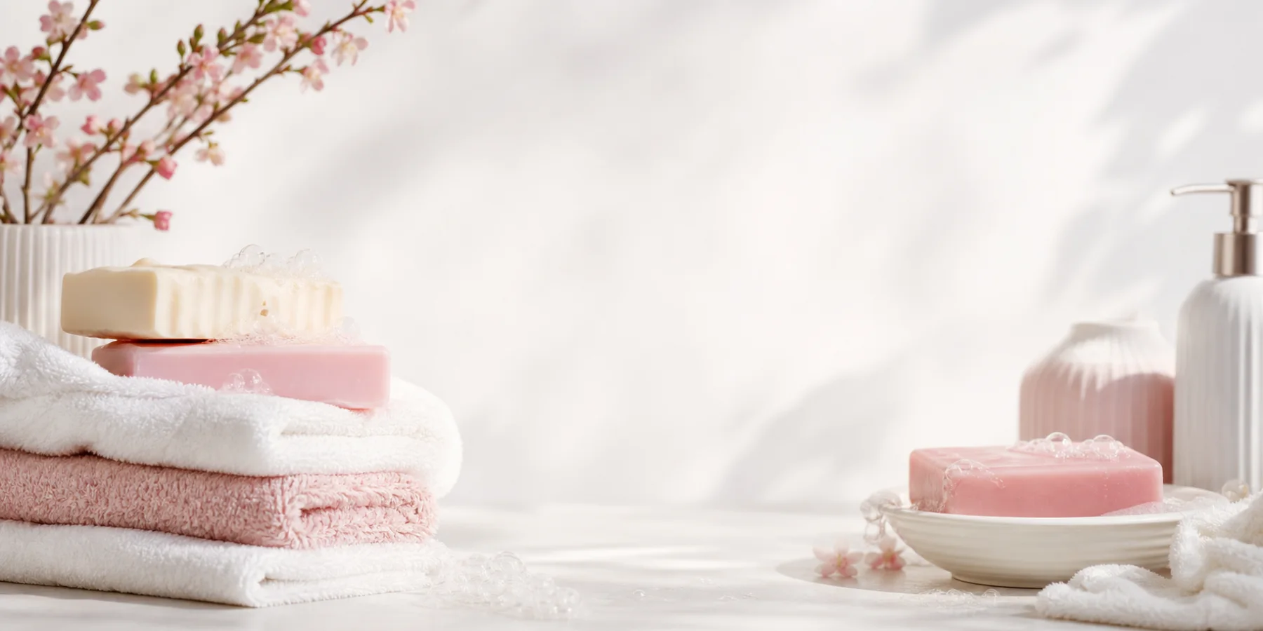 Folded soft towels and sculptural soap bars in diffused blush light