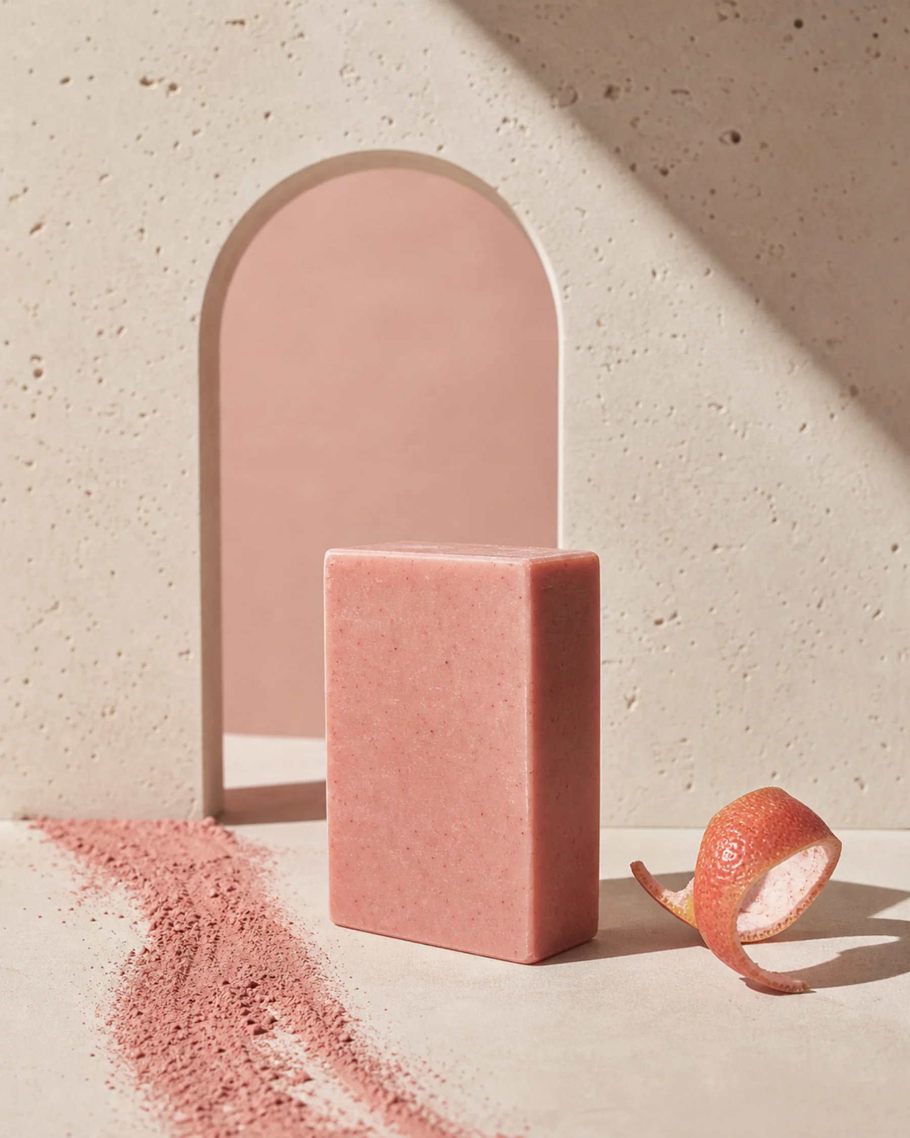 Pink Clay Balance Bar styled with its key ingredients in soft daylight