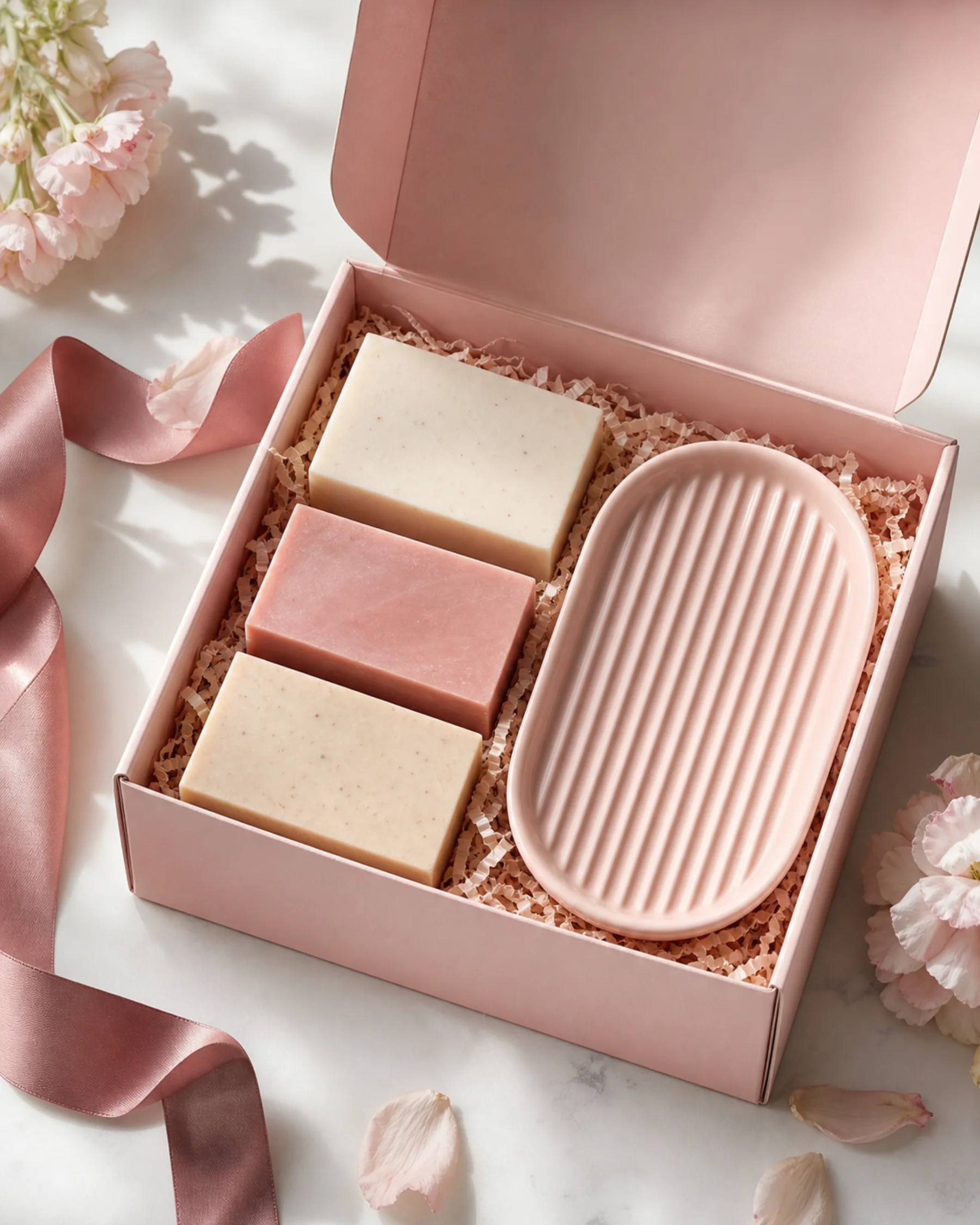 Pink Essentials Gift Set styled with its key ingredients in soft daylight