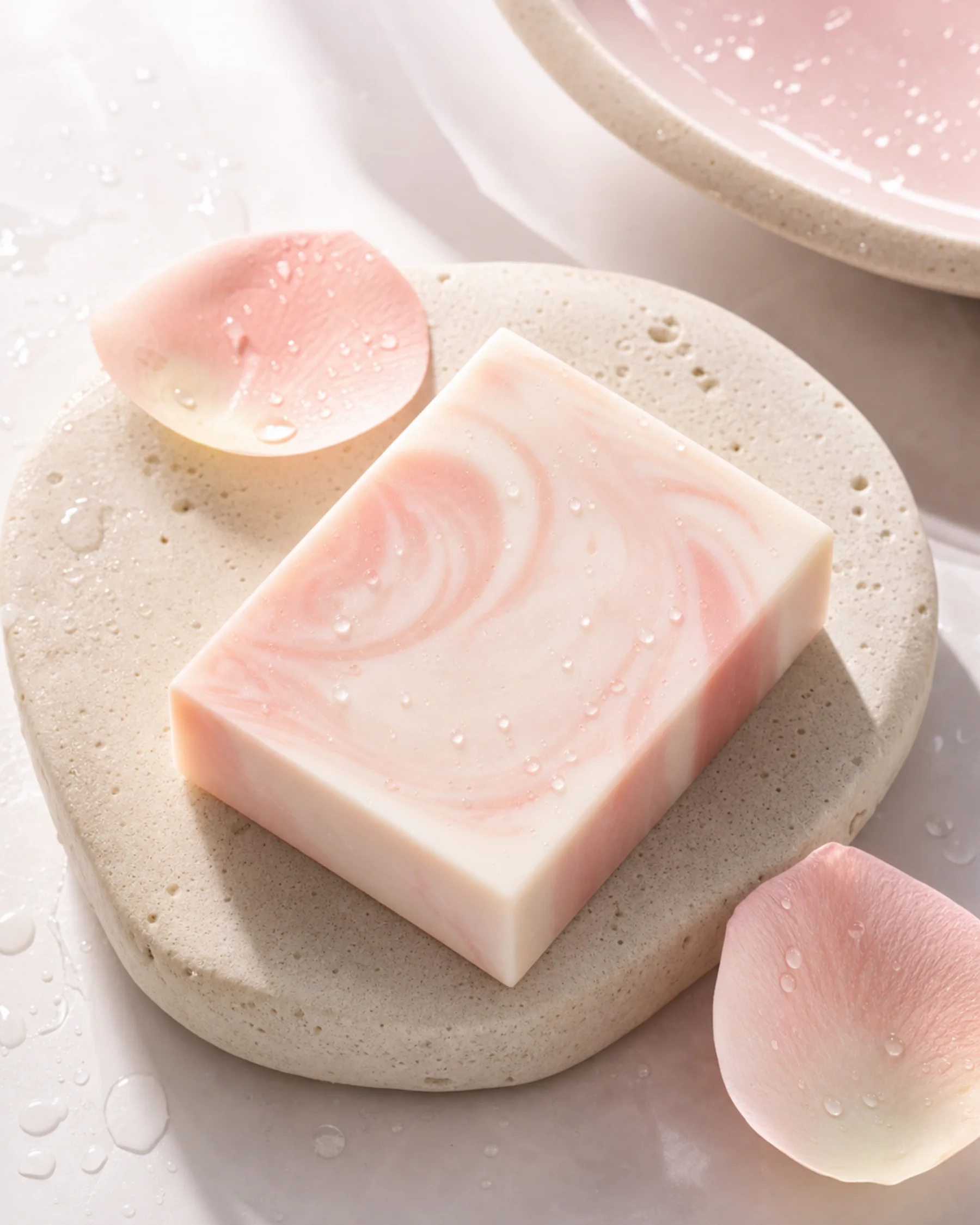 Rose Milk Daily Bar styled with its key ingredients in soft daylight
