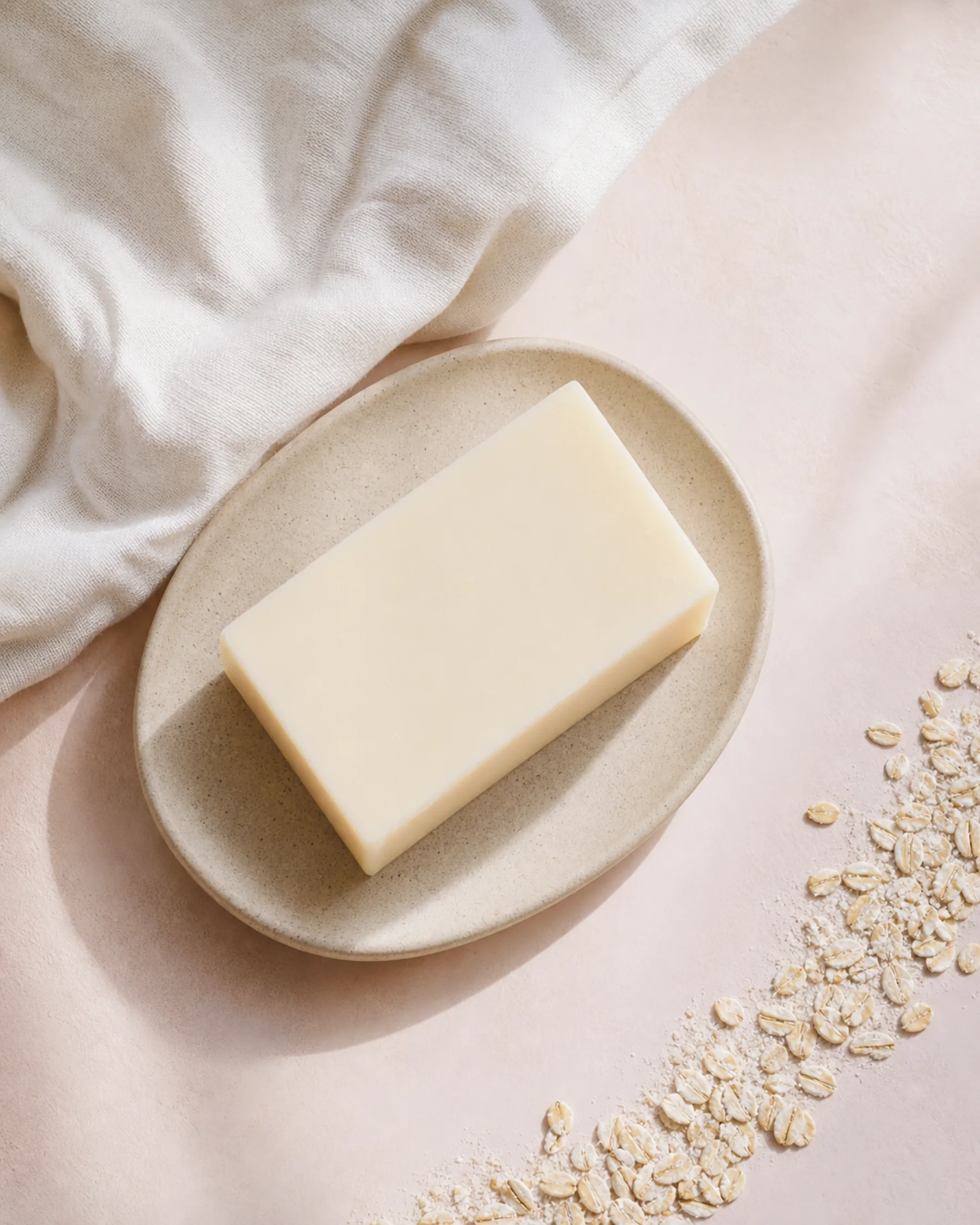 Unscented Oat Comfort Bar styled with its key ingredients in soft daylight